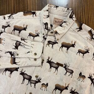 WOOLRICH Button Up Shirt Mens XL Elk Print Outdoor Long Sleeve Cotton